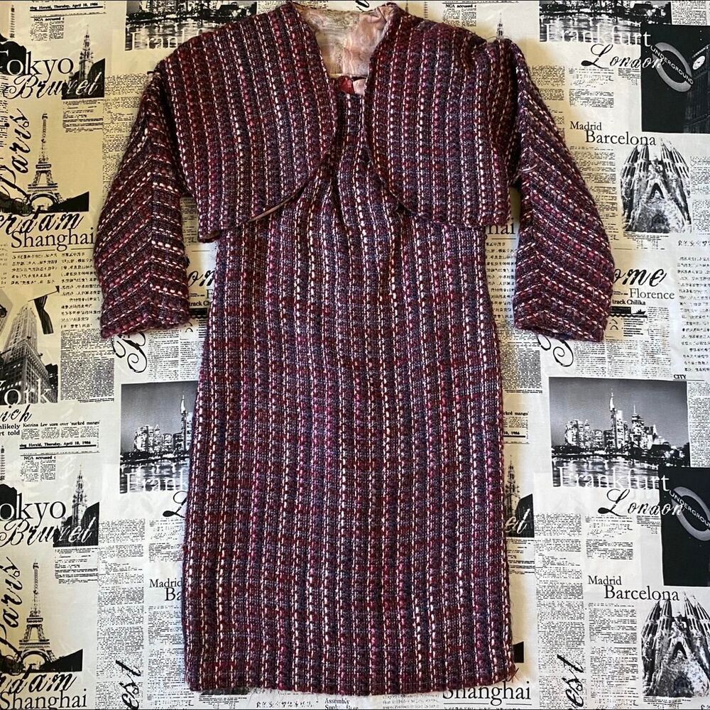 Women's Purple 2 piece dress jacket set 70s homemade tweed handmade midi plaid